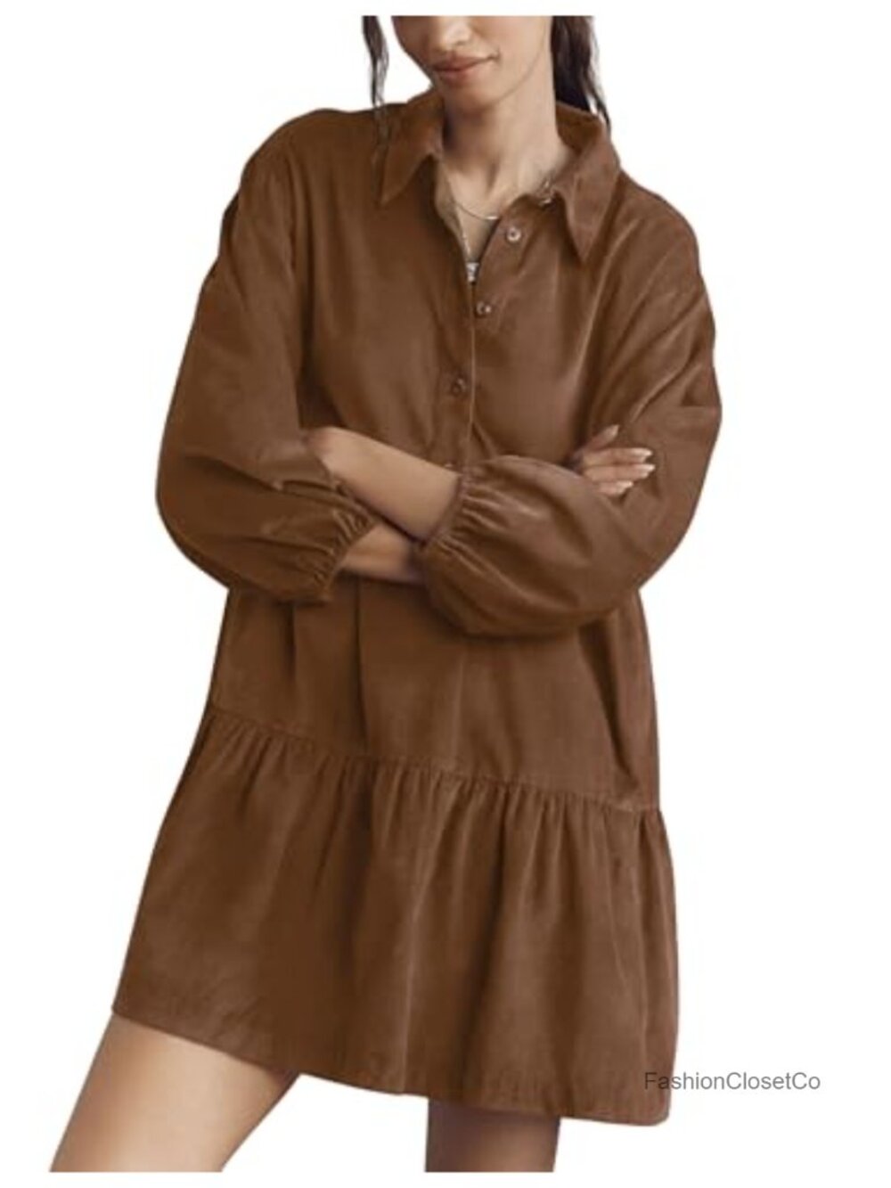 Corduroy Mini Shirt Dress with Pockets, Long Sleeve Button Down